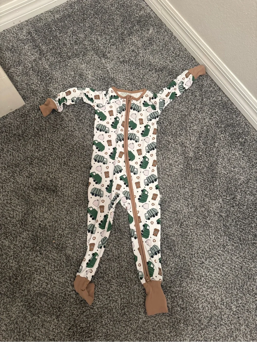 Caden Lane Footie Pajamas with Green Trucks and Brown Trim